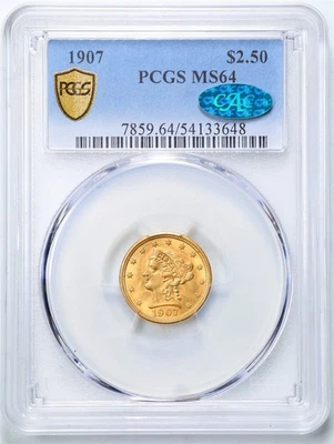 1907 年 G$2.5 Liberty Head 金 25 美分鹰 MS64 PCGS CAC 54133648 — 第 1/4 张图片