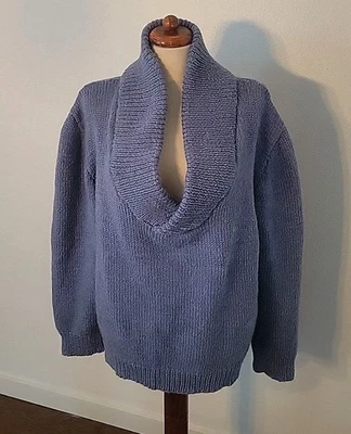 Suéter Cuello Chal Azul Jaspeado Tejido Lana Grueso Hecho a Mano De Colección XL Foto 1 de 4