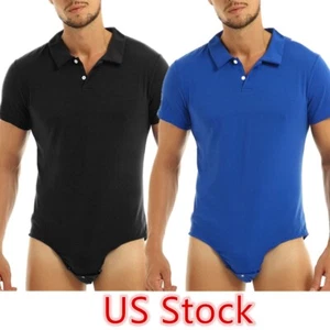 Men One Piece Shirt Short Sleeve Bodysuit Romper Jumpsuit Press Button Crotch - Picture 1 of 17