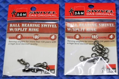 DAM D.A.M. Ball Bearing Swivel W/Split Ring 4-Count CHOOSE YOUR SIZE AND LB Test!
