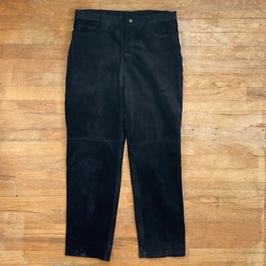 Vintage Black Suede Pants Size Large 33" Waist 1990s High Waist Leather Trousers - Picture 1 of 4
