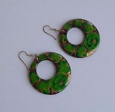 Vintage artisan handmade lacquer wood circular pierced earrings green flower 