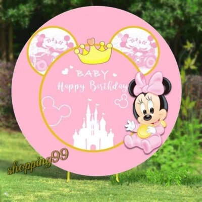 Cubierta de fondo redonda Minnie Mouse Baby Shower cumpleaños foto fondo suministros Foto 1 de 4