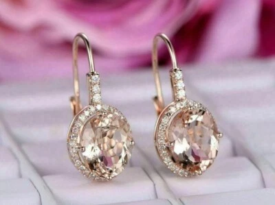 3Ct Oval Lab Created Peach Morganite Drop Dangle Earrings 14K Rose Gold Plated - Image 1 of 4