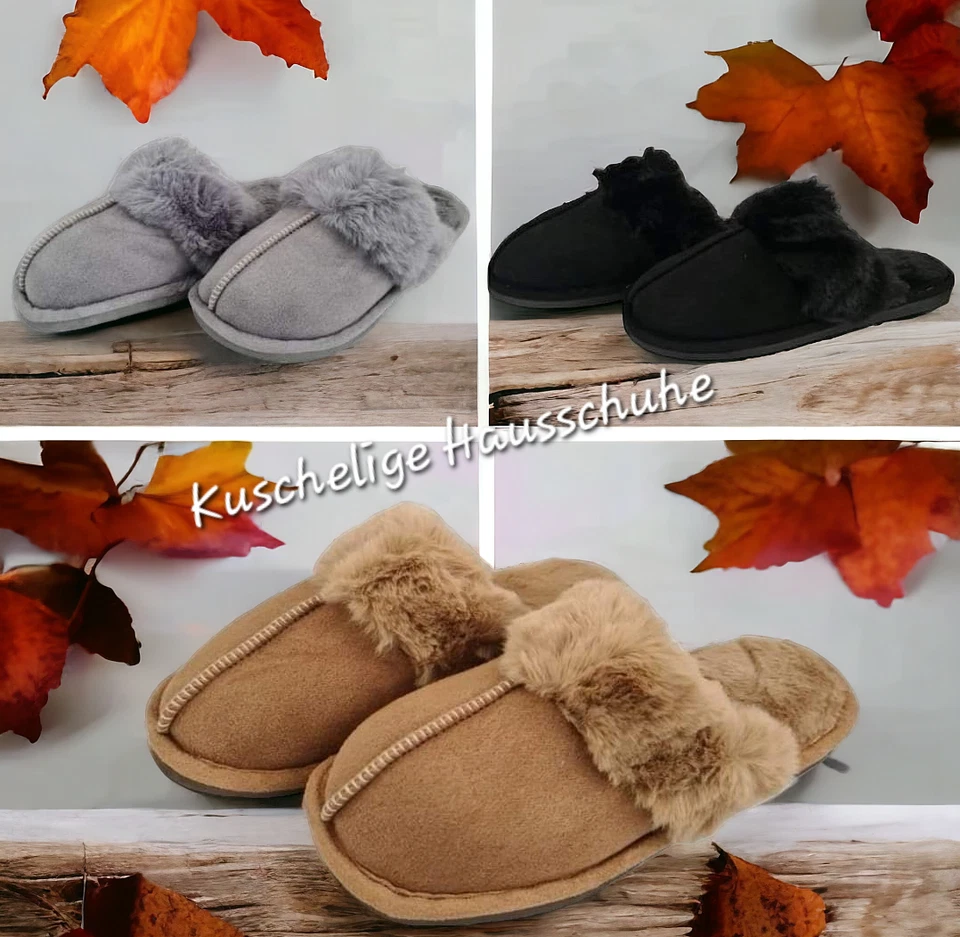 MARKENLOS Damen Hausschuhe Pantoffel Schlappen Grau Schwarz Camel 36 37 38 39 40 41