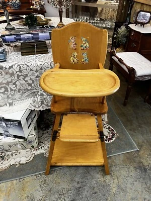 VINTAGE WOOD CONVERTIBLE FOLDING BABY HIGHCHAIR PLAY ACTIVITY DESK STROLLER - Image 1 of 4