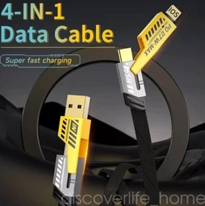 4 in 1 USB Fast Charging Cable Dual Type C PD 27W 65W Charger Data Cord for iOS - Picture 1 of 7