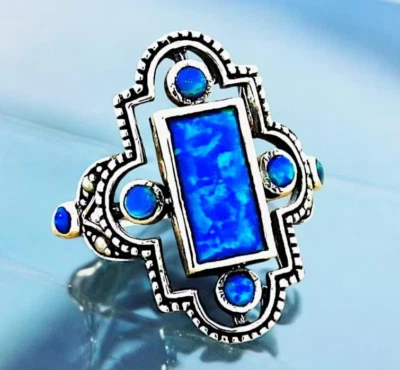 ANILLO DE ÓPALO DE FUEGO ESTILO ANTIGUO 925 PLATA ESTERLINA SÓLIDA AZUL CREADO EN LABORATORIO #215 Foto 1 de 3