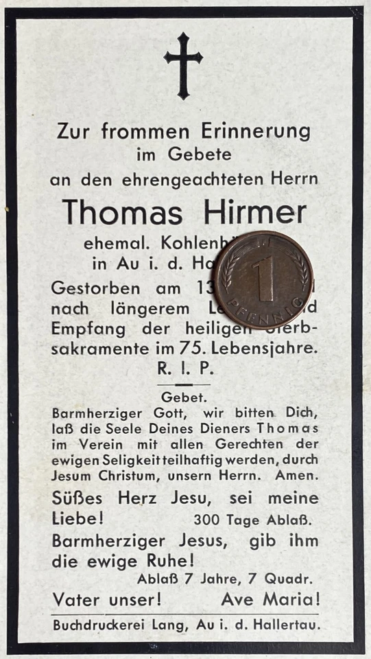 Sterbebild Totenzettel Hallertau Hirmer Kohlenhändler 1941  (STB4) - Bild 1 von 1