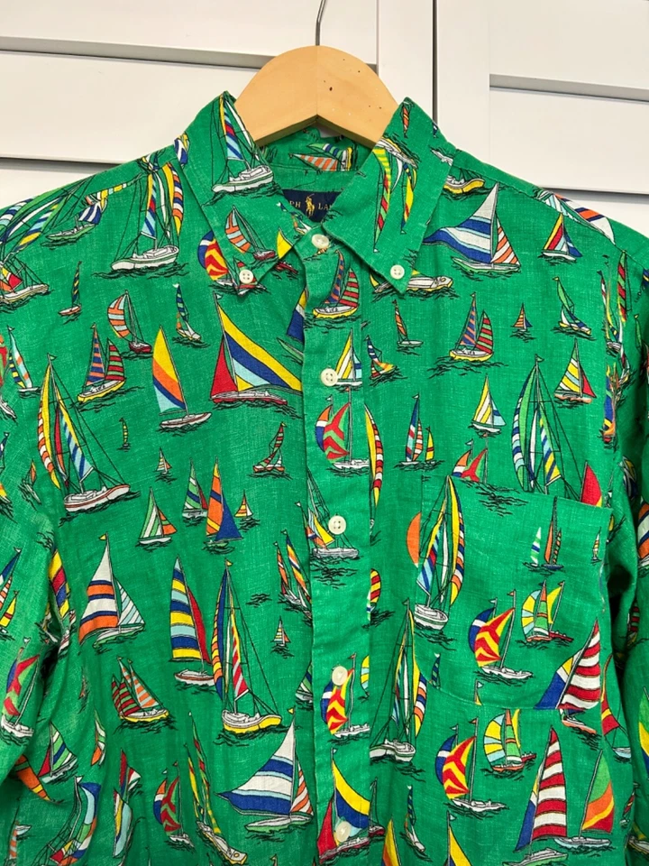 Ralph Lauren EUC green linen sailboat regatta button down shirt Medium - Image 1 of 1