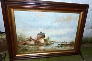 Harrij van Dongen Holland Bild Öl Gemälde Fischerboot Ufer 70x50 Gerahmt 9/21-52 - Bild 1 von 8