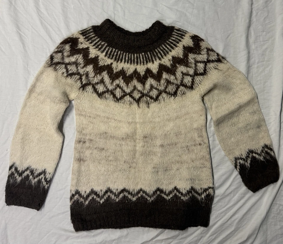 Suéter de Lana Vintage Arco Iris Artesanía Hecho a Mano Yugo Nórdico Islandés Marrón Crema M Foto 1 de 4