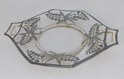 Plato de vidrio transparente de colección con superposición plateada doble/mango octogonal floral para servir Foto 1 de 4