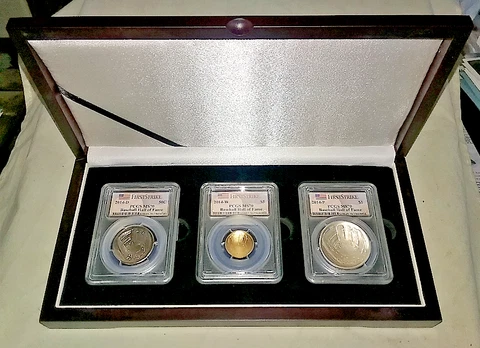 2014 Baseball Hall of Fame 3-Coin Silver and Gold Set All PCGS MS70 First Strike Cover