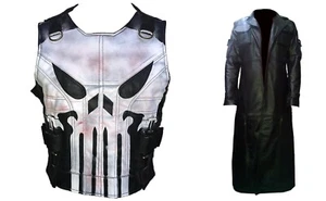 Men's Black Punisher Coat with Tactical Skull Logo Vest - Picture 1 of 7
