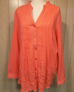 Soft Surroundings Glam Gauze Embroidered Eyelet Pintucked Tunic Top Size L Coral - Picture 1 of 6