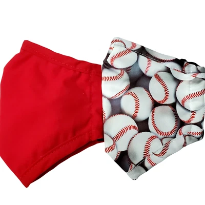 New 2 Pack Youth Face Masks Red & Baseballs Sports Lined Adjustable Kids - Image 1 of 4