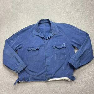VTG French Jacket Womens Medium Blue Chore Work Wear Canvas Military Ladies - Picture 1 of 9