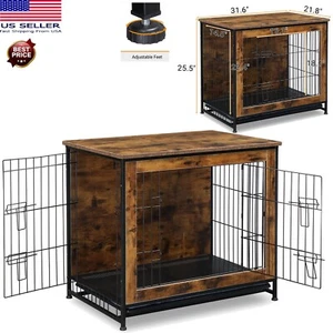 Dog Kennel Furniture Indoor Wooden Cage House Pets Crate Double Doors w/ Cushion - Picture 1 of 15