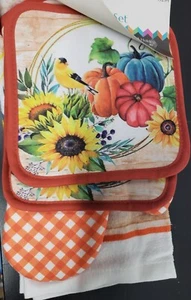 5pc Kitchen Set:2Pot Holders,2Towels & 1Oven Mitt,BIRD, SUNFLOWERS & PUMPKINS,AM - Picture 1 of 20