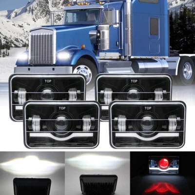 4pc Black 4x6" Led Headlights H4656 w/Red DRL for Kenworth T400 T600A T800 W900 - Image 1 of 4