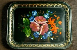 Aluminum tray with USSR floral motifs vintage Russian hand painted 80s - Picture 1 of 12