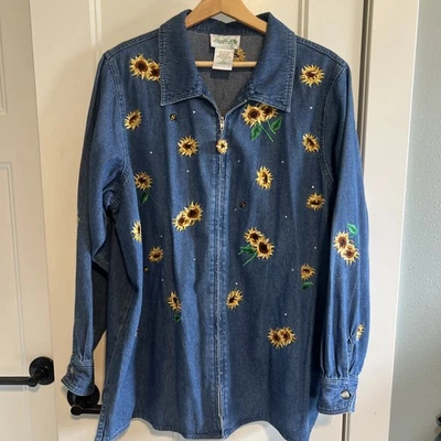 Quacker Factory Jacket Womens 1X  Sunflower Bee Denim Embroidered 90s Blue Vtg - Image 1 of 4