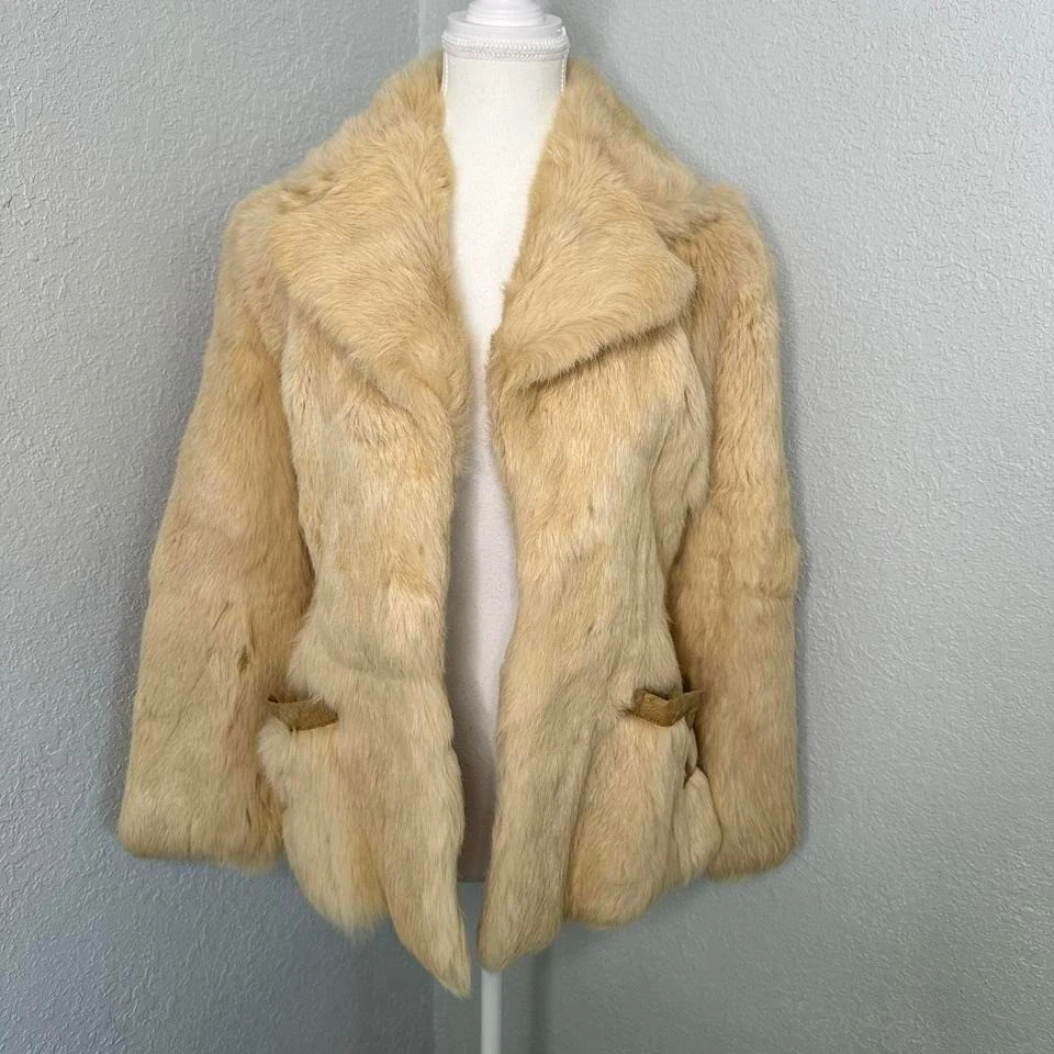 奶油色复古正品 Hopper Fur 兔子毛皮短款夹克女式小号 — 第 1/4 张图片