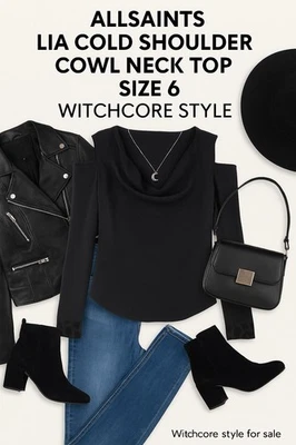Blusa Top AllSaints Lia Hombro Frío Negra Cuello Capucha Bruja Gótica Talla 6 EE. UU. Foto 1 de 4