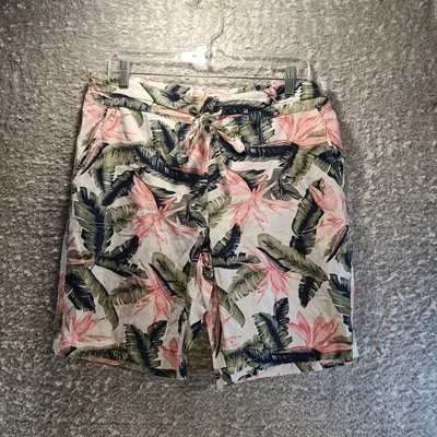 Per Se Green Pink Floral Linen Blend Shorts Petite L Tropical Floral Palm Resort - Image 1 of 4