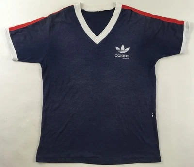 Adidas 1980s T-shirt red V-neck made in Ireland vintage cotton S / M - Image 1 of 4