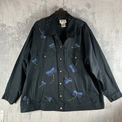 Quacker Factory Women 2X Denim Jacket Dragonfly Black Beaded Shacket Embroidered - Image 1 of 4