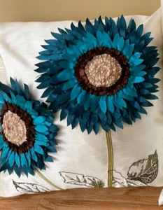 Cojín Almohada Flor Girasol 3D 18x18" Funda Solo Azul Bordado (shv29 - Imagen 1 de 5