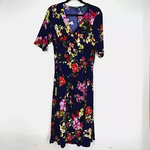 Roz & Ali Womens 1X Pullover Knit Dress Indigo Blue Multi Floral Elbow Sleeves - Picture 1 of 9