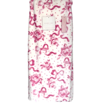 Shabby Chic Pink Floral Coquette Bows Roses Soft Microfleece Throw Blanket 50x60 - Image 1 of 4