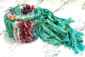 Knitted Scarf Handmade Wool and Recycled Fabric Boho Style Ladies Gift for Her - Picture 1 of 17