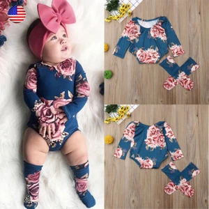 2PCS Newborn Baby Girls Flower Romper Bodysuit +Leg Warmers Set Outfits Clothes - Picture 1 of 13