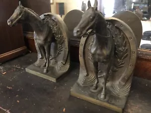 ANTIQUE BRADLEY HUBBARD CAST IRON KENTUCKY DERBY HORSE SHOE ART STATUE BOOKENDS - Picture 1 of 11