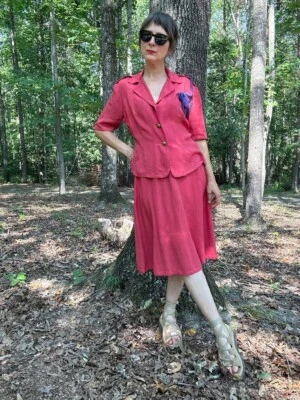 1940s Rayon Challis Short Sleeve Skirt Set, M - Image 1 of 4