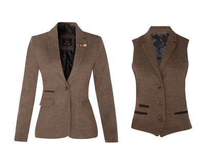 Womens Tweed Herringbone Blazer Jacket Waistcoat Brown 1920 Vintage Tailored - Image 1 of 3