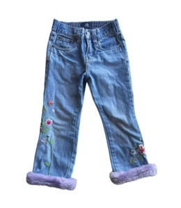 Vintage Early 00s Gap Girls Jeans with Purple Faux Fur Trim & Embroidery Size 4 - Picture 1 of 7