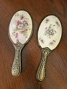 VINTAGE (2) Hand Mirror Porcelain Hand-Painted Purple Pansies & Pink Roses - Picture 1 of 12