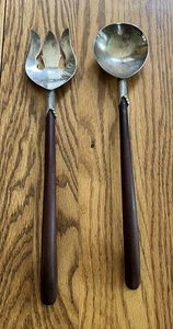 Vintage MCM Taxco Mexico Sterling Silver and Wood Salad Spoon & Fork Servers Set - Picture 1 of 4