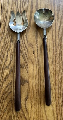 Vintage MCM Taxco Mexico Sterling Silver and Wood Salad Spoon & Fork Servers Set - Image 1 of 4