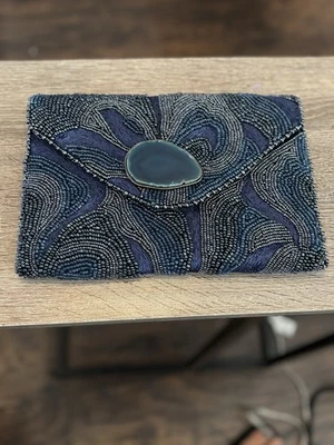 Vintage Mary Frances Designer Beaded Purse with Large Navy Agate Gem stone - Image 1 of 4