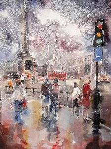 HERMOSA ACUARELA ORIGINAL SERA CABALLERO ""Nieve en Trafalgar Square"" PINTURA  - Imagen 1 de 1