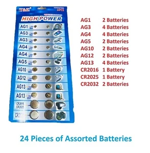 24 Pcs Assorted Coin Cell Battery Watch Calculator Button Toys Batteries Set UK - Picture 1 of 3
