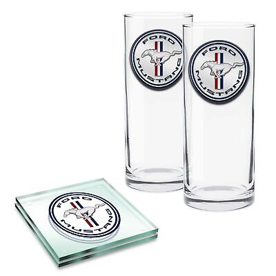 Ford Mustang Set Of 2 Highball Glasses And Glass Coasters Mancave Gifts • 47.90$