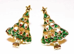 Christmas Tree Earrings Pierced Ears Goldtone Metal Enamel Paint - Picture 1 of 2