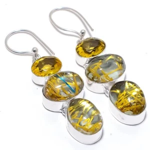 Golden Rutile Quartz Gemstone Handmade 925 Silver Jewelry Earring 2.5" R-2725 - Picture 1 of 1